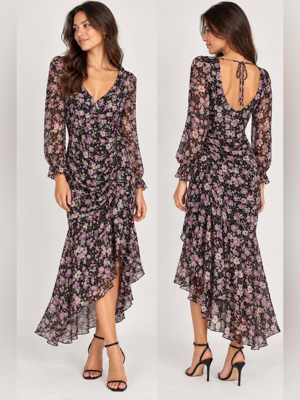 Floret Studios Floral Ruched Black & Pink Midi Dress size S